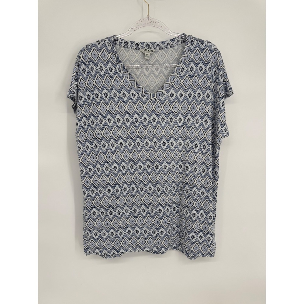 Orvis Classic Collection Womens Blue Geometric Diamond V-Neck Knit Top Sz L